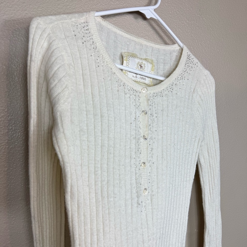 Y2K Abercrombie Babydoll Henley Angora Long Sleeve Top‎ Beaded Ribbed Sweater D - Picture 2 of 13